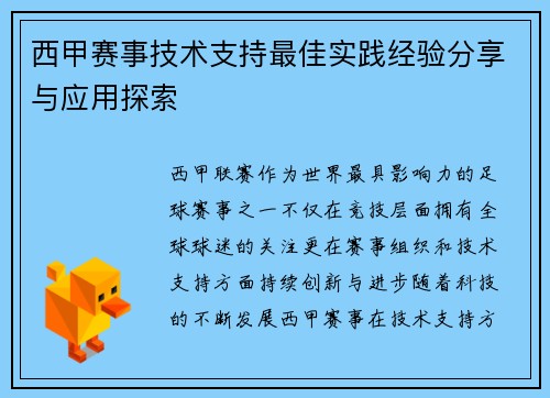 西甲赛事技术支持最佳实践经验分享与应用探索