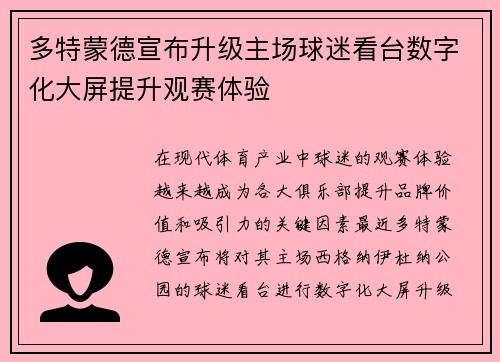 多特蒙德宣布升级主场球迷看台数字化大屏提升观赛体验